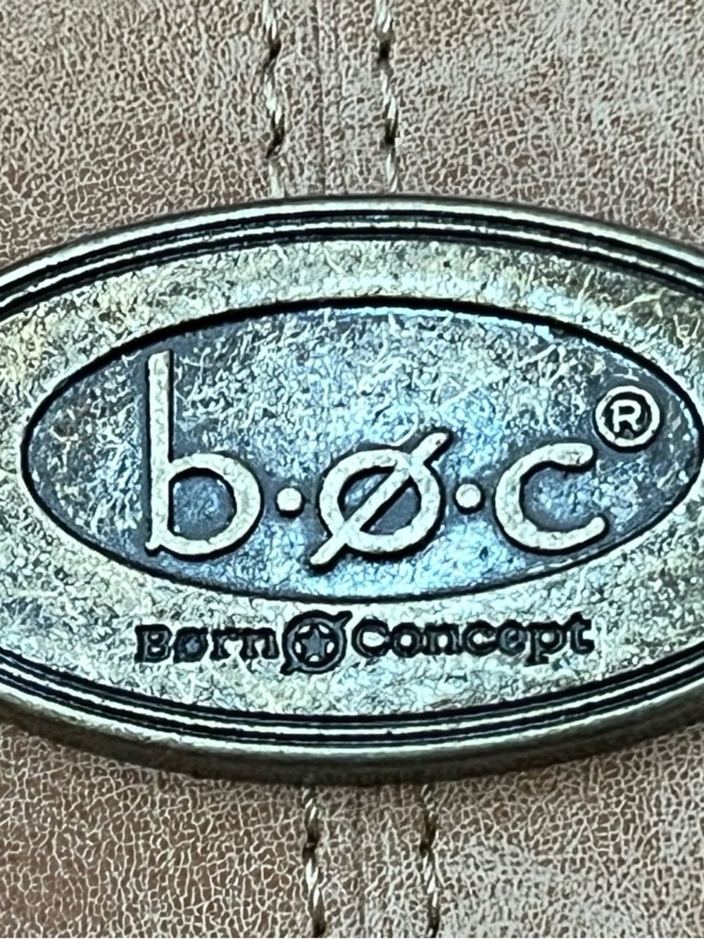 b.o.c. Metal Logo Plate on Tan Leather